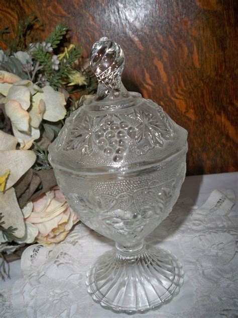 Vintage Pressed Glass Grape Pattern Design Covered Candy Dish