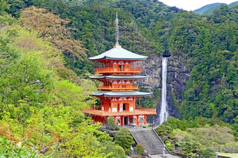 Nachi Waterfall With Red Pagoda Wakayama Japan Stock Image Image Of