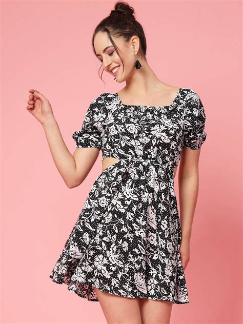 Buy Pluss Black And White Floral Printed Puff Sleeve Cut Out Monochrome