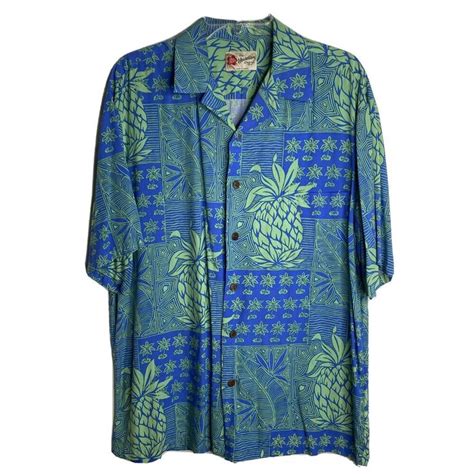 Hilo Hattie Hawaiian Aloha Shirt Mens L Blue Green Pineapples Vtg Tapa Print Ebay In 2021