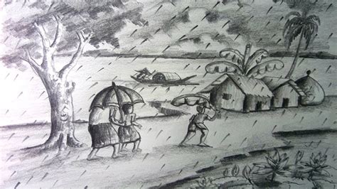 How To Draw Scenery Of Rainy Season Step By Step Pencil Sketch Rainy