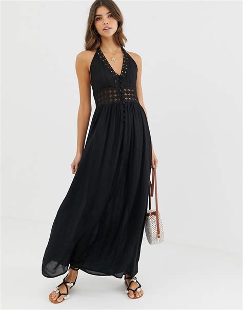 Asos Design Halter Maxi Dress With Lace Insert Black Modesens