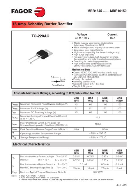 MBR16100 Datasheet Schottky Barrier Rectifier