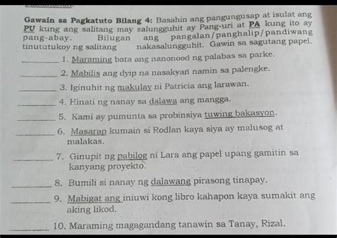 Gawain Sa Pagkatuto Bilang Basahin Ang Pangungusap At Isulat Angpu