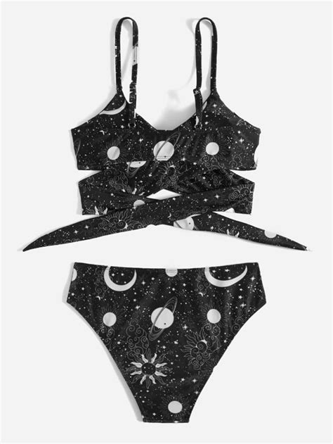 Shein Swim Y2glam Galaxy Print Bikini Set Criss Cross Wireless Bra Top