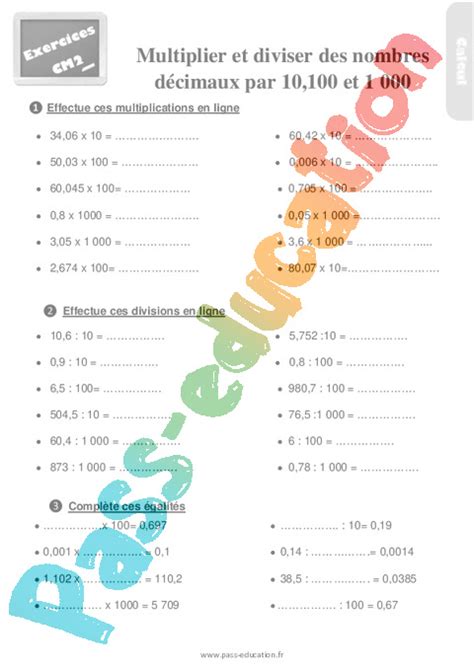 Exercices révisions sur multiplier et diviser des nombres décimaux par