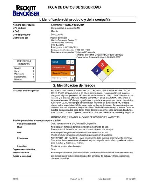 HOJA DE DATOS DE SEGURIDAD 1 Identificación del producto y