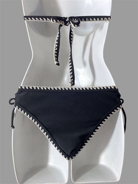 Y2K Black Bikini White Embroidery Triangle Top Tie Closures Etsy