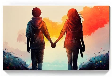 Couple In Love Holding Hands Banner Illustration Ai Generative Stock