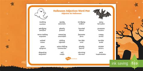 Halloween Adjectives Word Mat Romanian English Twinkl