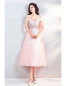 Peachy Pink Off Shoulder Tea Length Wedding Party Dress With Beading