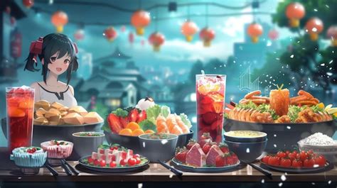 Premium Photo Anime Girl Enjoying A Feast With Friends