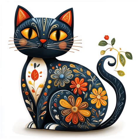 Colorful Folk Art Cat With Floral Patterns Featuring Vibrant Colors