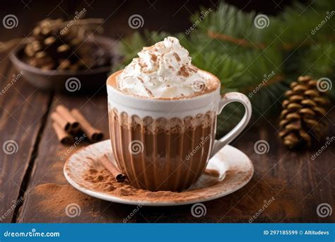 A Mug Of Hot Cocoa Topped With Whipped Cream And Chocolate Powder Stock