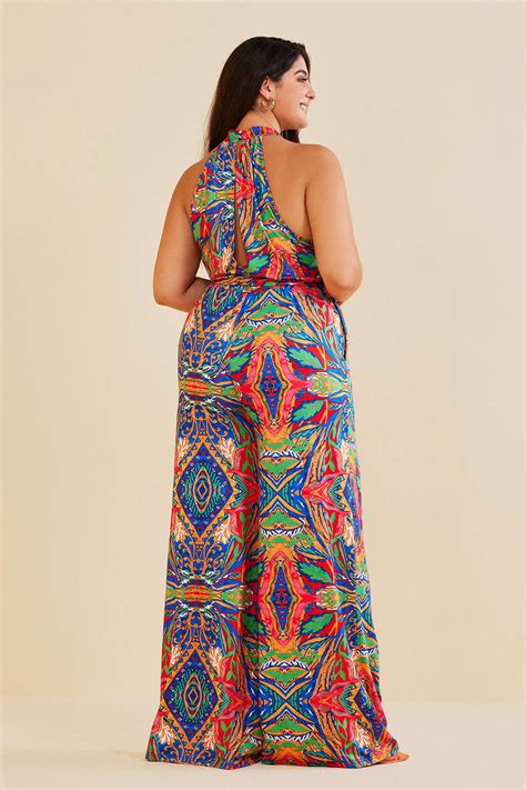 Plus Size Bohemian Print Halter Jumpsuit Micas