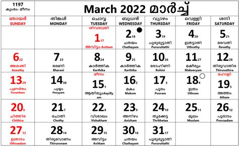 2024 March Calendar Malayalam Printable Version Mary Starla