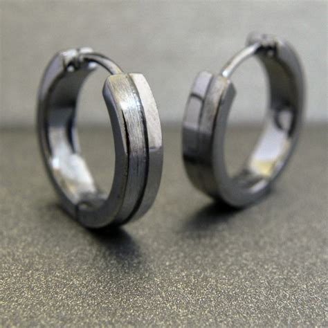 Mens Earrings Black Hoops, Earrings for Guys, Half Polished Half Brushed Finish, Sterling Silver ...