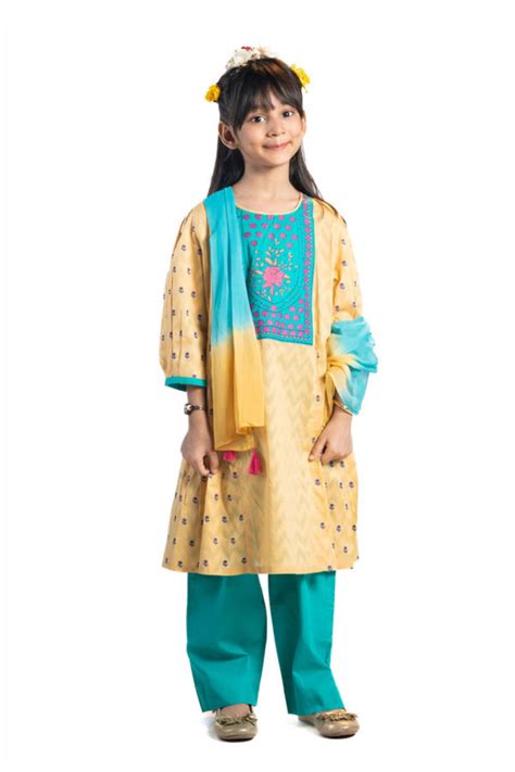 Light Brown Jacquard Cotton Salwar Kameez Set For Girl Kay Kraft