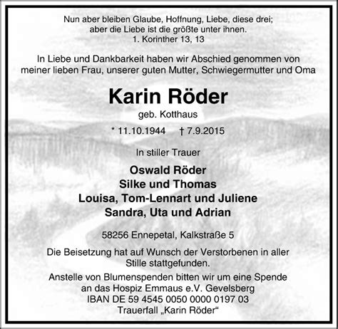 Traueranzeigen von Karin Röder Trauer in NRW de