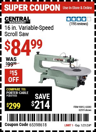 CENTRAL MACHINERY 16 in. Variable-Speed Scroll Saw for $84.99 – Harbor ...