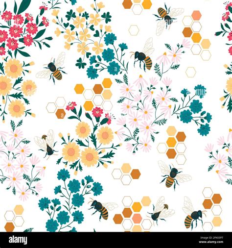 Meadow Wildflower Honeybee Vector Seamless Pattern Bee Flower