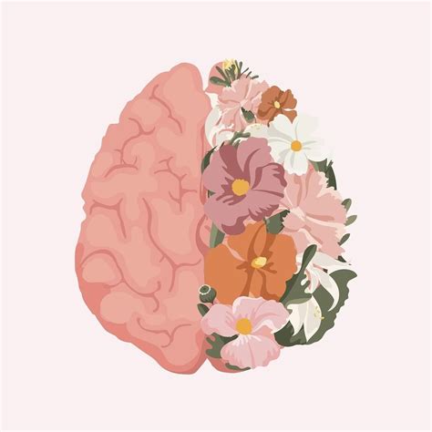 An Illustration Of The Human Brain With Flowers On It S Side And Pink