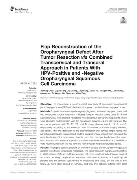 Pdf Flap Reconstruction Of The Oropharyngeal Defect After Tumor