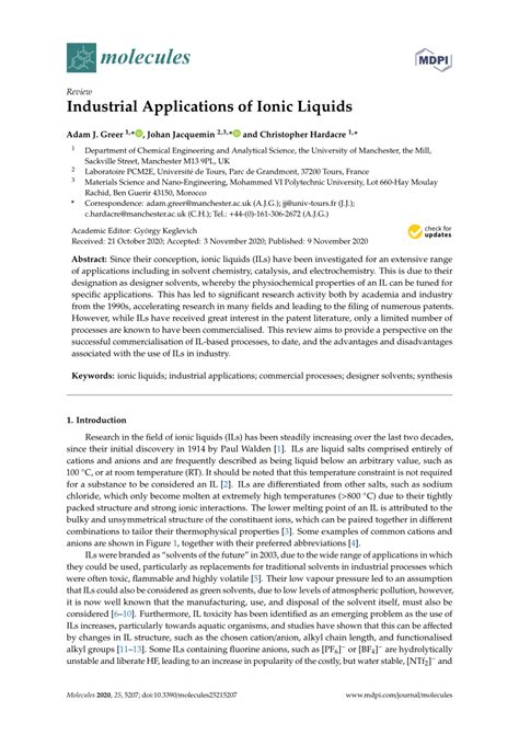 Pdf Industrial Applications Of Ionic Liquids