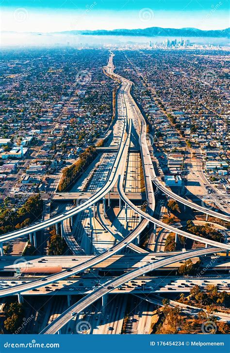 Aerial View Of A Freeway Intersection In Los Angeles Stock Photo