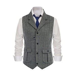 Mokkpeq Gilet Da Uomo In Misto Tweed Di Lana Con Risvolto Con Tasche