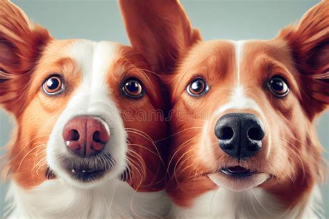 Close Up Of Two Cute Dogs Faces With Their Tongues Hanging Out And