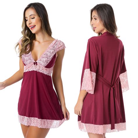 Kit Robe E Camisola Manga De Renda Sem Bojo Feminino Lingerie Langerie