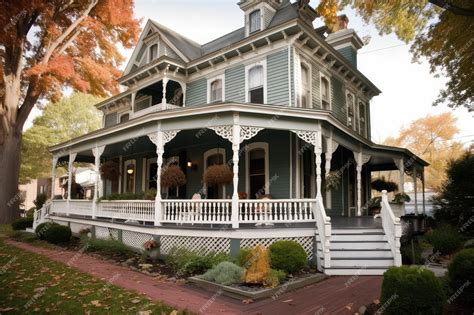 Premium AI Image | Victorian house with wraparound porch rocking chairs ...