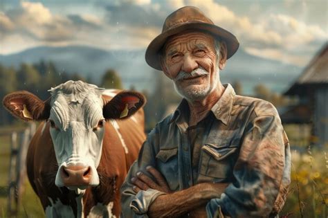 Premium Photo Happy Mature Farmer Standing With Cow At Cattle Farm