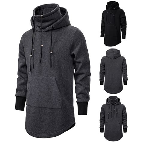 Men Slim Long Section High Collar Hooded Sweatshirt Man Extend Curved