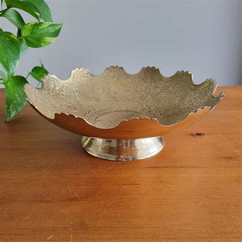 Large Brass Centerpiece Bowl With Pedestal and Peacock Motif: Scalloped ...