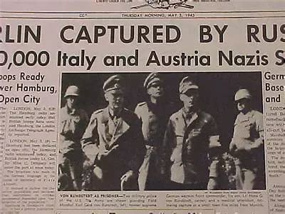 VINTAGE NEWSPAPER HEADLINE World War 2 Berlin Germany Nazi Surrender