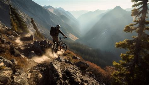 Hombres en bicicleta de montaña explorando la naturaleza terreno