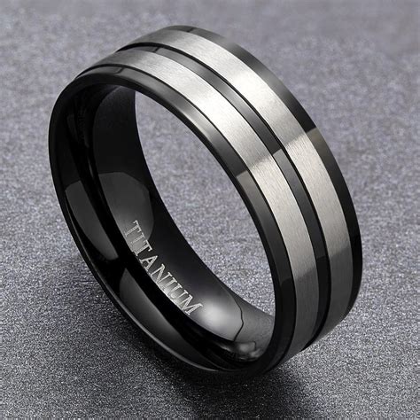 8mm Two Tone Silver And Black Titanium Mens Ring Promise Rings