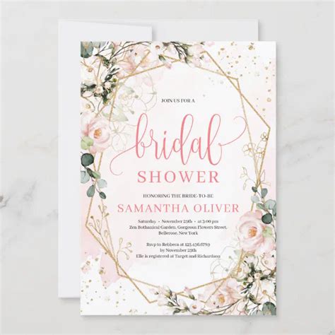 Lush Blush Pink Floral Gold Frame Bridal Shower Invitation Zazzle