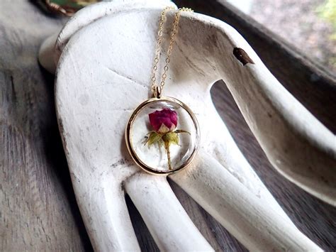 Pressed Flower Necklace Gold Real Rose Bud Necklacepressed Etsy