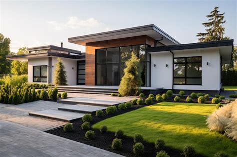 Premium AI Image | Modern house exterior with garden and lawn nobody inside