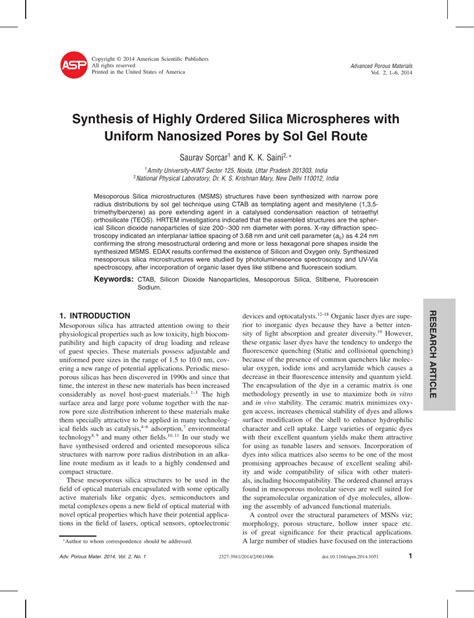 PDF Synthesis Of Highly Ordered Silica Microspheres With Uniform