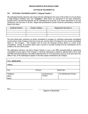 Fillable Online Hc Letter Of Transmittal Share Consolidation Fax