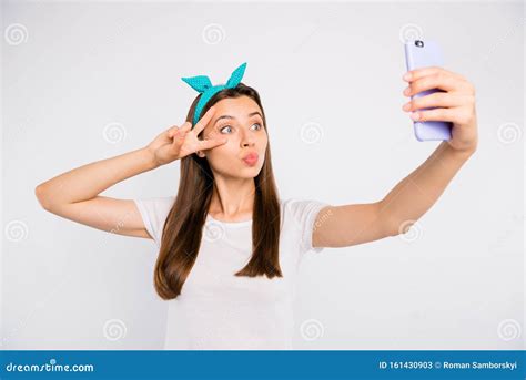 Portrait Of Dreamy Romantic Girl In Blue Headband Take Selfie On Her Smartphone Make Selfie Send