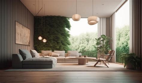 Premium AI Image | A living room with a large wall of green plants.