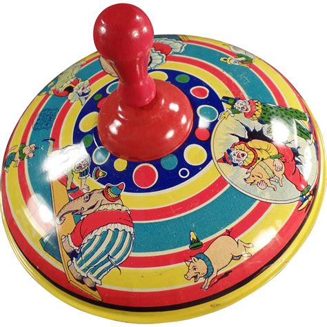 Old Spinning Top With Circus Animals And Clowns Made By Chein