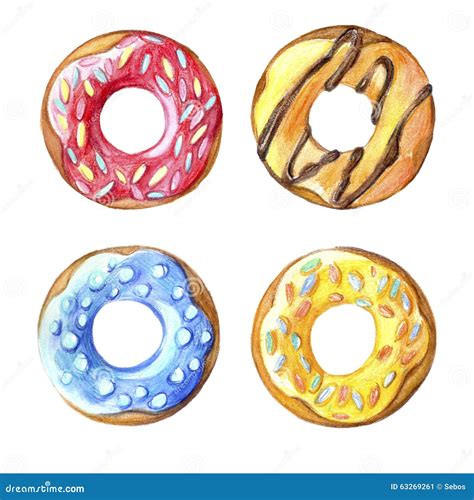 Donuts Set Hand Drawn Watercolor Pencils Stock Illustration