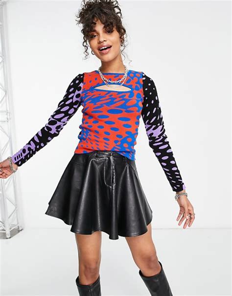 Asos Design Sweater In Color Block Spot Pattern With Cut Out Asos