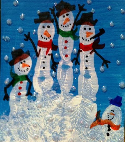 Handprint Snowmen Block Of Wood Primed Painted W Tempera Handprint